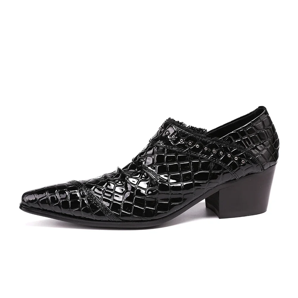 Classic Black Lacquer Leather Men Mid Heel Oxfords Shoes Party Prom Business Formal Shoes Plus Size Slip on Wedding Dress