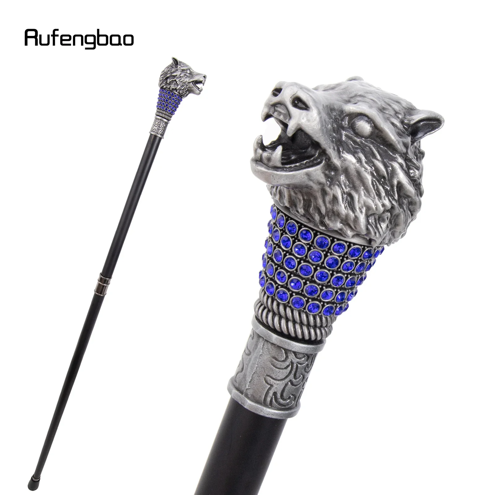 Golden Blue Wolf Head Decorative Stick Parties Decorative Cane for Halloween for Cosplay and Parties Cane 93cm