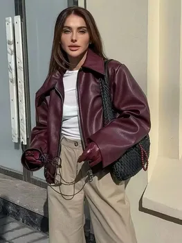 HH الشارع بولي Leather سترة نسائية جلدية خمر موضة سستة كم طويل معطف الإناث 2024 الخريف بدوره إلى أسفل طوق سيدة أبلى 2