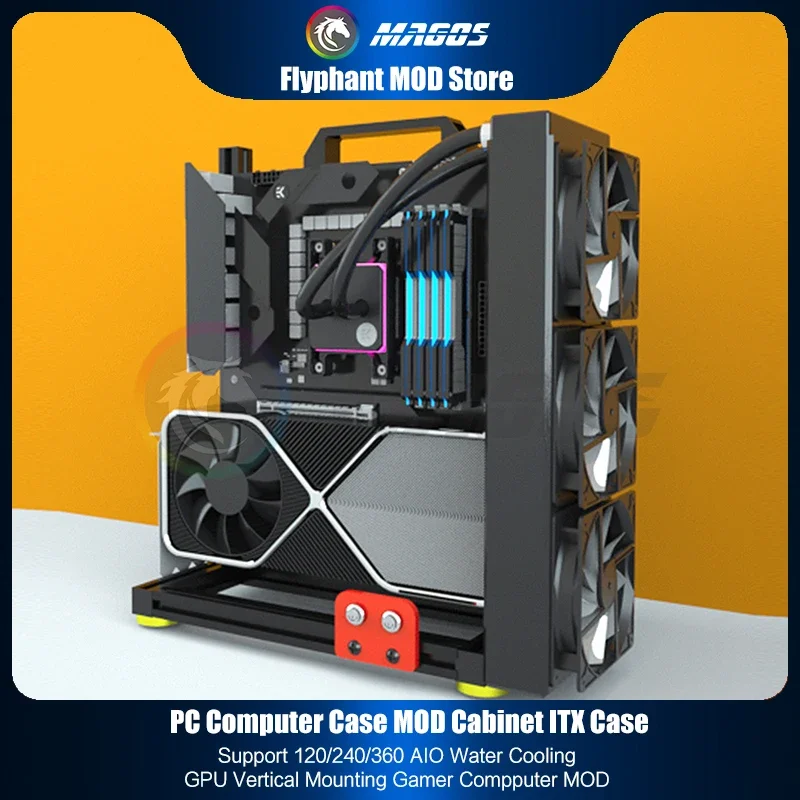 Gabinete pc Gaming Case com Alça Portable Itx Gamer Mod Case Alumínio Completo Super Placa de Vídeo Montagem Vertical Water Cooling Mod