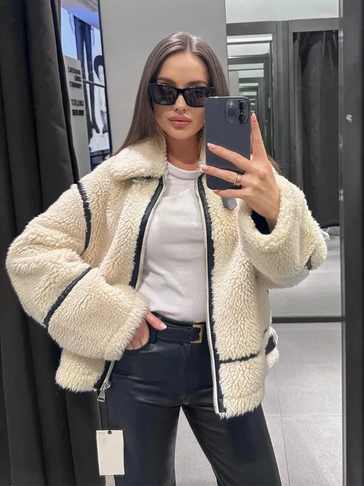 HH TRAF Woman Winter Thicken Fleece Jackets Turn-Down Collar Long Sleeves Loose Zipper Coat with Pocket Cropped Fuzzy Outerwear