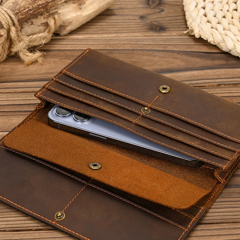 Crazy Horse Leather Long Wallet for Men with Multiple Card Slots, Coin Pocket, and Phone Holder