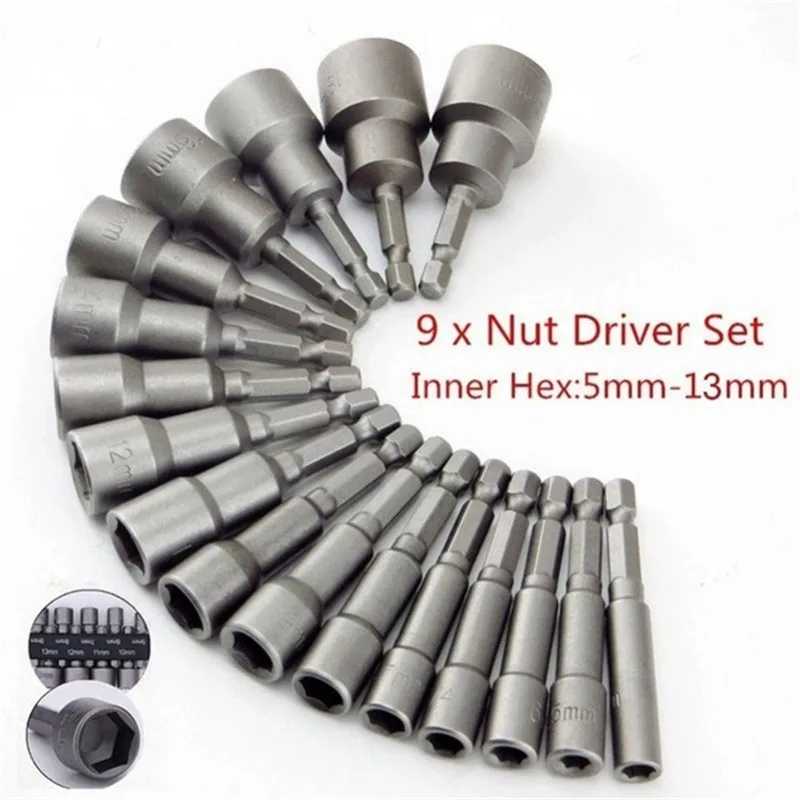 9pcs/set 5mm-13mm Hex SocketS Sleeve Nozzles Nut Driver Set Screwdriver Set Schroevendraaier Set Bits Sets Tools