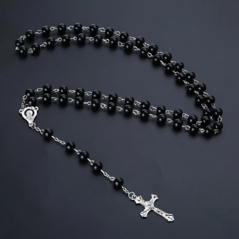 Imitation Pearl Rose Rosary Necklace Pendant Women Catholic Religious Gift