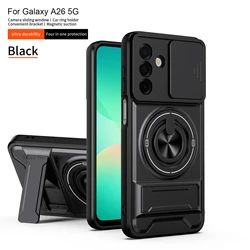 Rugged Shockproof Phone Case with Slide Lens Protector and Ring Holder for Galaxy A26 5G (Black)