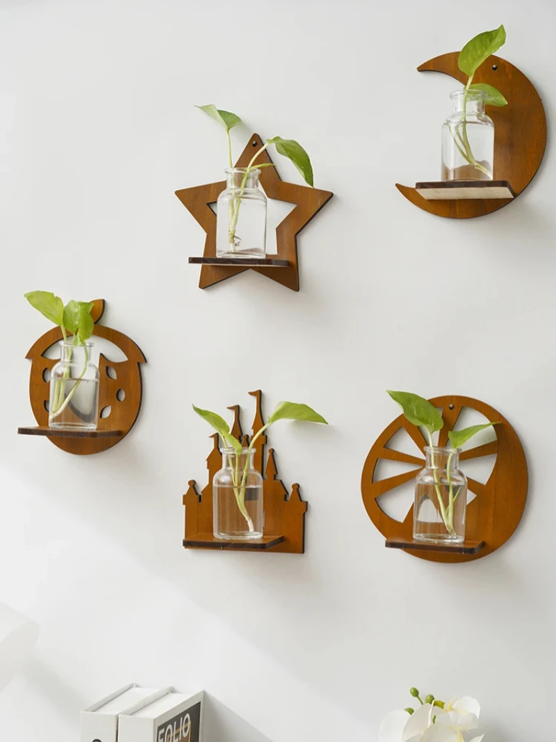 

Retro Wall Home Decoration Hydroponic Plant Solid Wood Shelve Kindergarten Indoor Wall Hanging Green Flower Vase Utensils