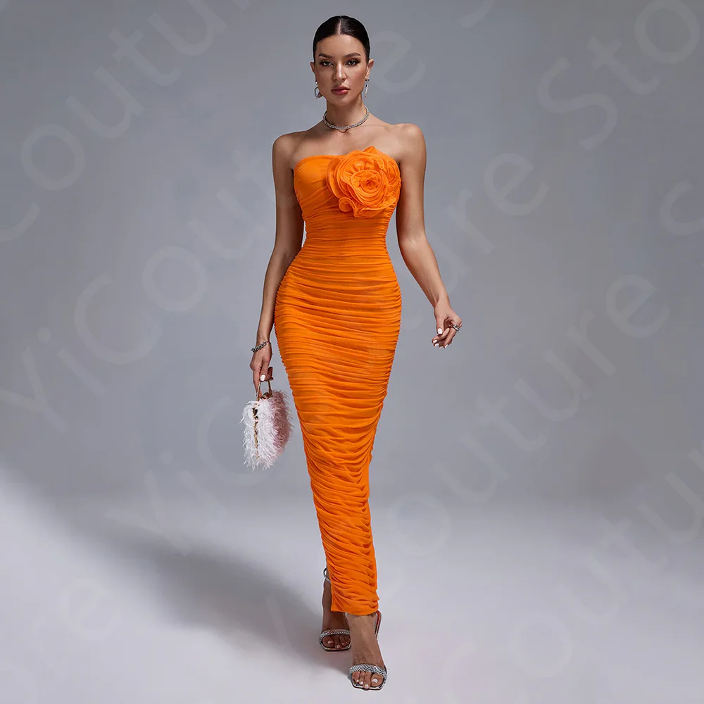 Orange Cocktail Party Dresses Ankle Length Homecoming Gowns Strapless Flower Pageant Dresses Back Slit Pleating