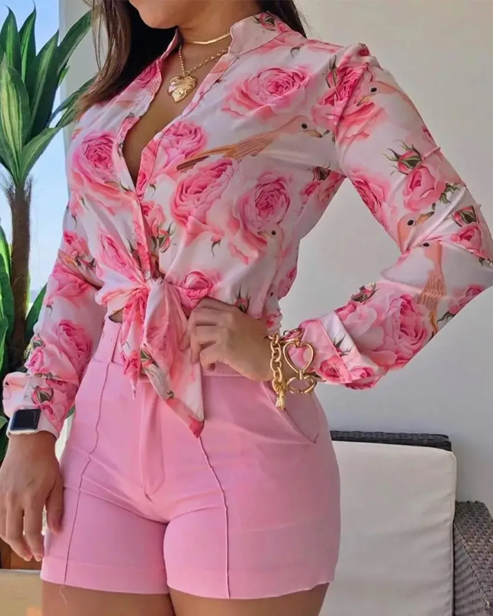 

2024 Women Long Sleeve Floral Printed Tie Knot Top Blouse And Shorts Sets Casual Spring Shirts Female