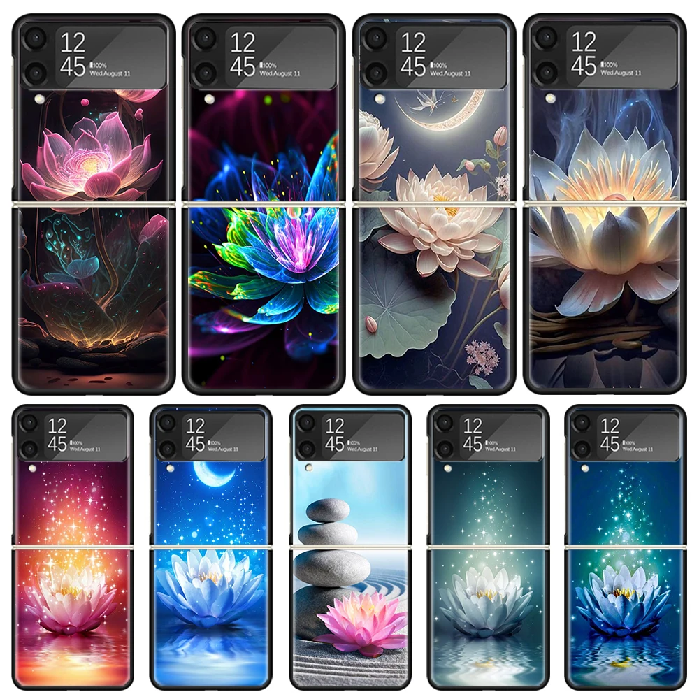 Custodia Per Telefono Lotus Blue White Flowers Per Samsung Galaxy Z Flip3 5G Flip4 Flip5 Cover Rigida Nera Z Flip 5 4 3 Pc Shell Zflip3 Coqu