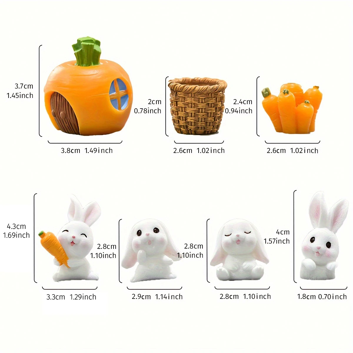 7 pieces, a set of creative and cute white mini statue ornaments in the shape of a little rabbit holding a carrot