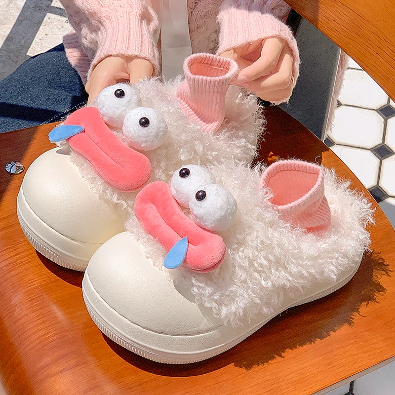 Funny Cartoon Plush Cotton Slippers Women Cute Indoor Keep Warm Non Slip Home Slippers Woman Thick Sole Closed Toe Fur Slides