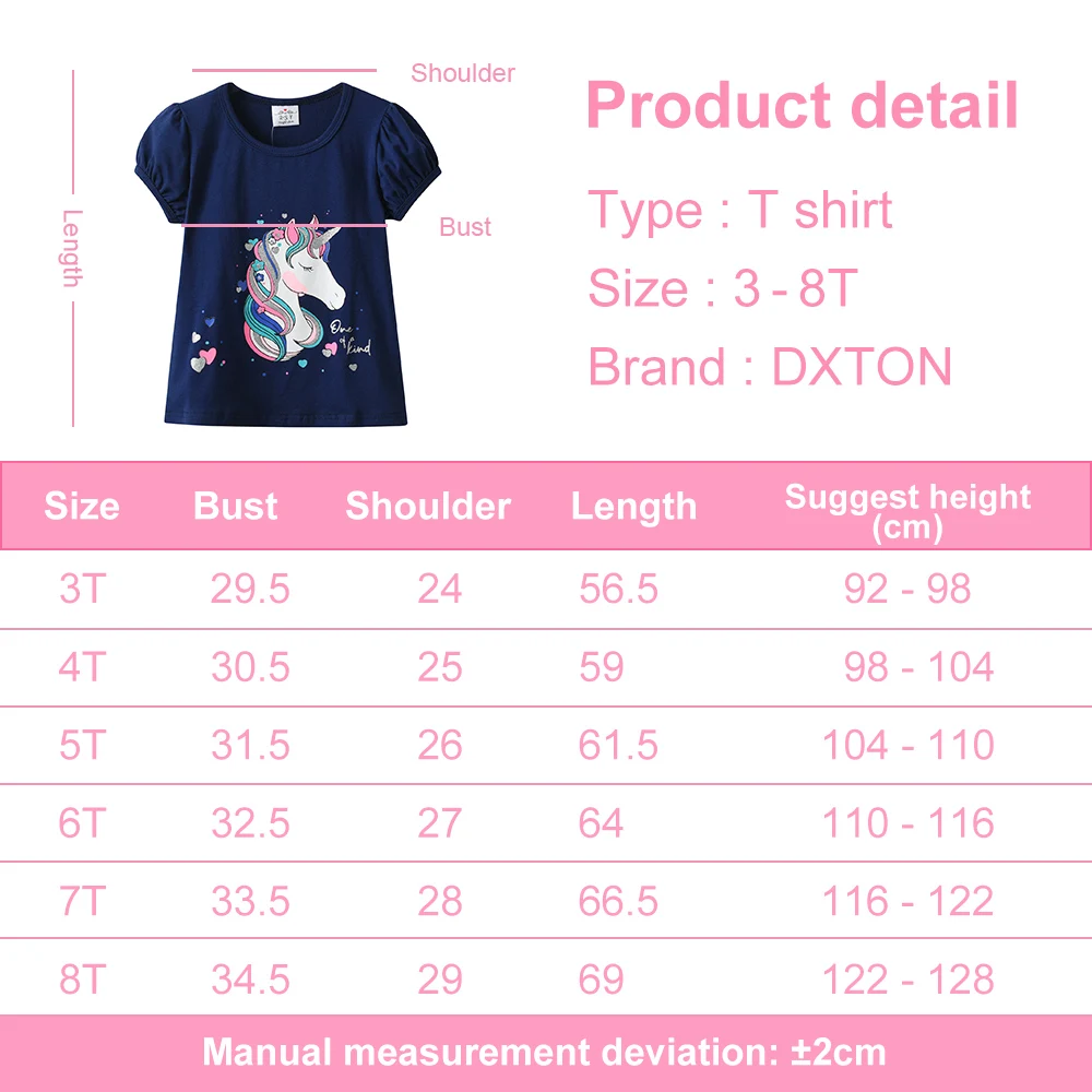 DXTON Kids Unicorn Cartoon Print T Shirt Girls Short Sleeve Summer Cotton Casual Tops and Tees Girls Licorne Daily Tees Costumes 5