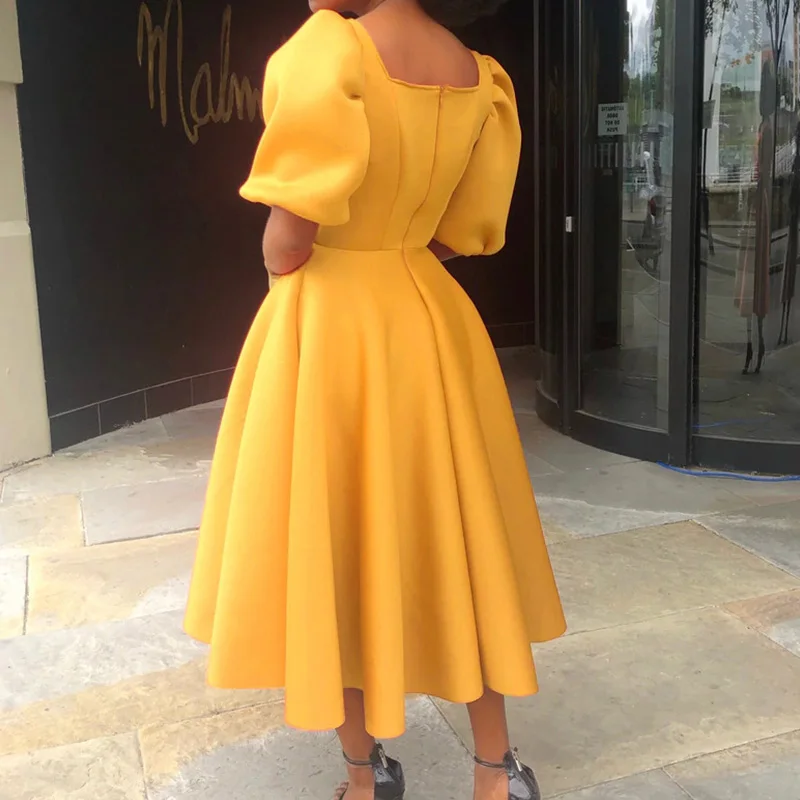 Plus Size Dress for Women SummerSolid Color Square Collar Puff Short Sleeve Zipper High Waist Elegant Basic Large Hem Midi Dress