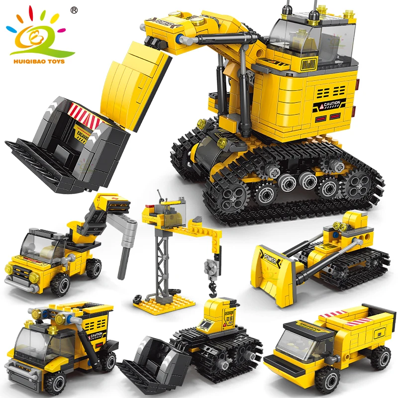 Huiqibao 535Pcs 6 In1 Engineering Truck Building Blocks City Construction Bulldozer Crane Car Bricks Set Per Bambini Giocattoli Bambini