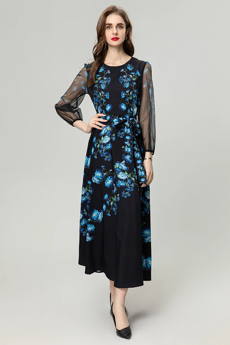 

Женское шифоновое платье-миди SEQINYY, черное платье с винтажным синим цветочным принтом и бисером, лето-весна