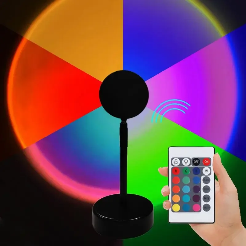 RGB 밝기 조절 180 도 회전 리모컨 USB 플러그인 LED 레인보우 일출 일몰 헤일로 프로젝터 라이트, 16 색