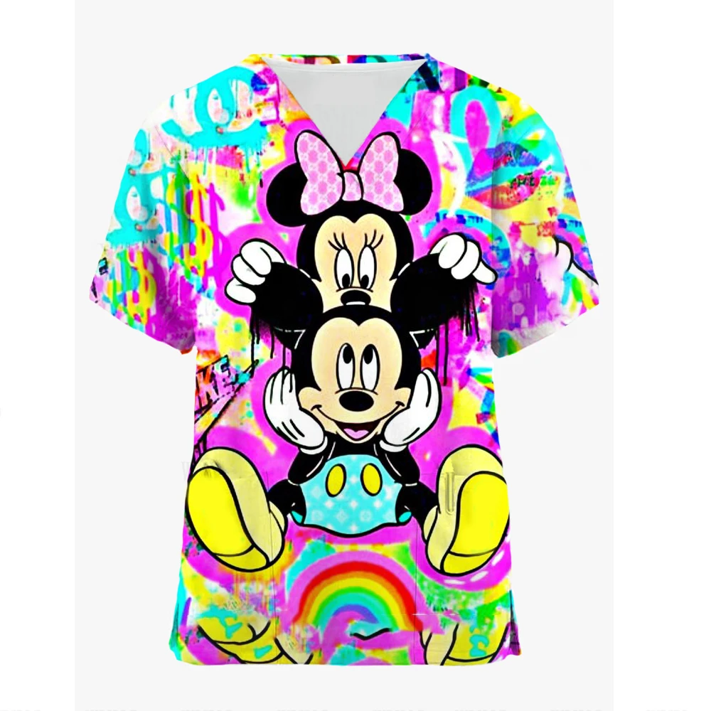 Blusas médicas con estampado de Mickey Mouse de Disney para mujer, blusas de manga corta con cuello en V, uniforme de enfermera, blusa de trabajo con estampado de dibujos animados, uniforme de mujer