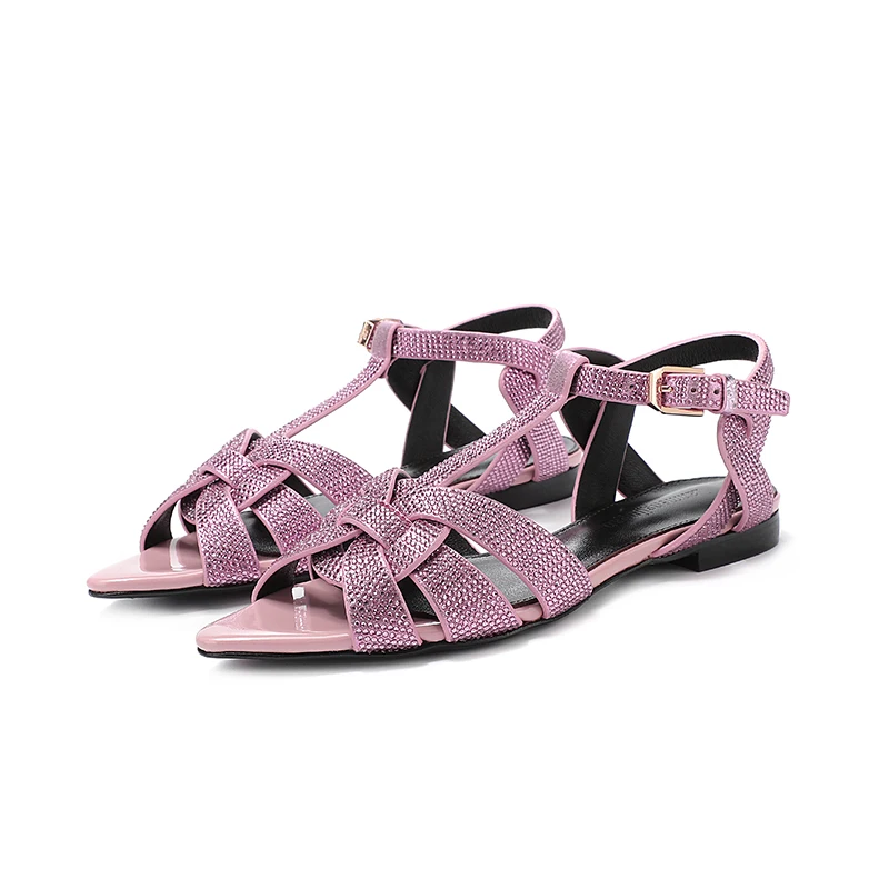 

Women's Flat Sandals 2023 Summer Genuine Leather Pointed Open Toe Women's Shoes Crystal Party Sandals Beach Shoes Large 35-43