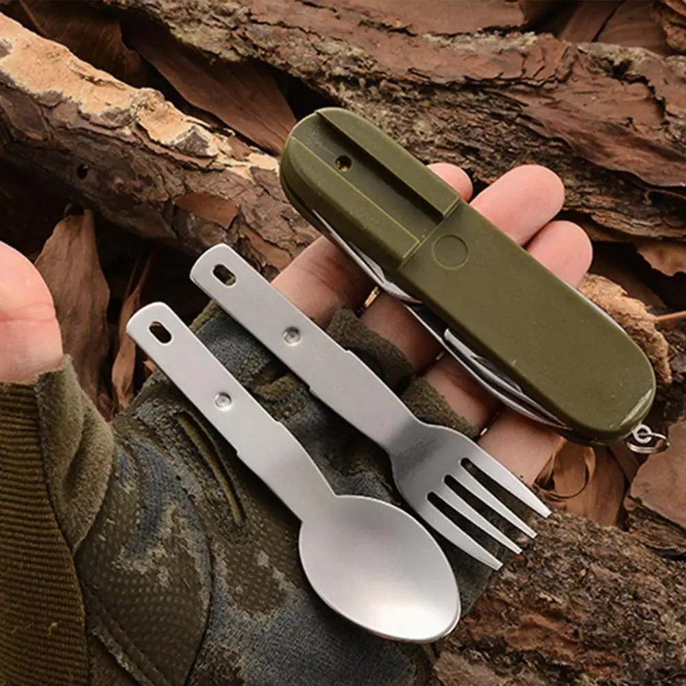 Folding Cutlery with bag Portable Knife Spoon Cutlery Traveling Cutlery Stainless Steel Outdoor BBQ Camping Hiking Tableware