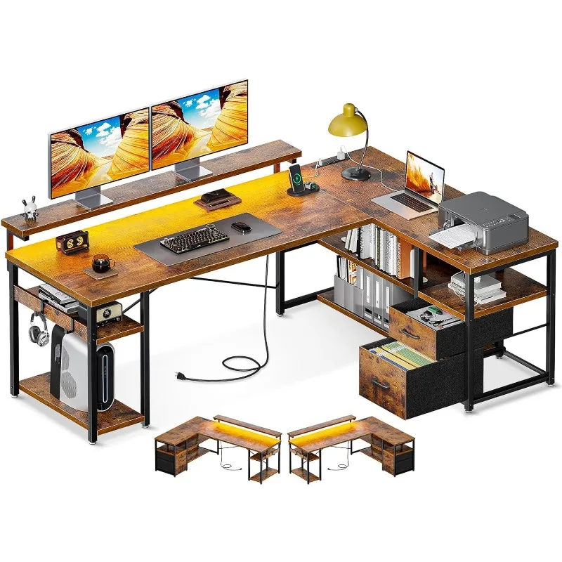 

Game table with drawers, computer table with power outlets and LED lights, desk with storage shelves and monitor stand