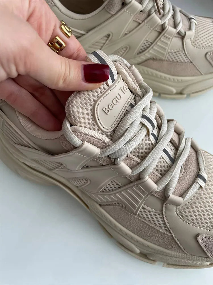 BeauToday Platform Sneakers Women Mesh Solid Color Breathable Trainers Lace-up Round Toe Thick Sole Ladies Shoes Handmade 29462 4