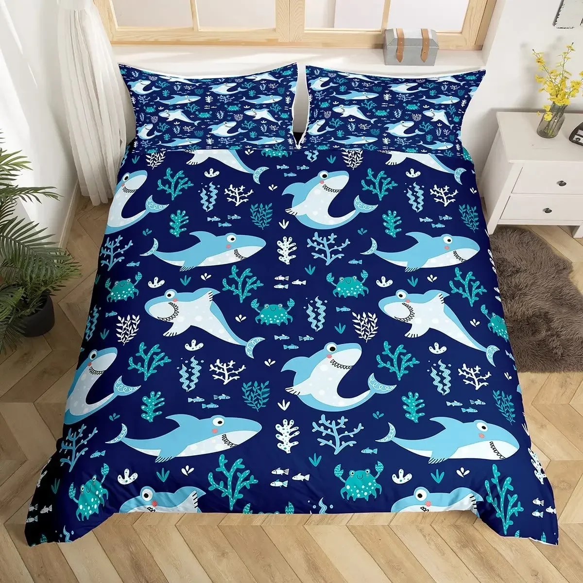 Shark Fish Print Duvet Cover Set Cute Underwater Animals Luxury Soft Bedding Set Children Teens Adults Blue Comforter Cover Sets