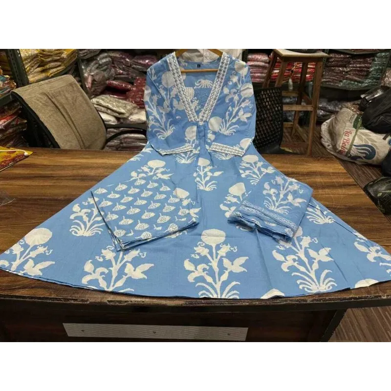 Salwar Suit Wedding Birthday Partywear Cotton Printed Kurti Palazzo Dupatta Set