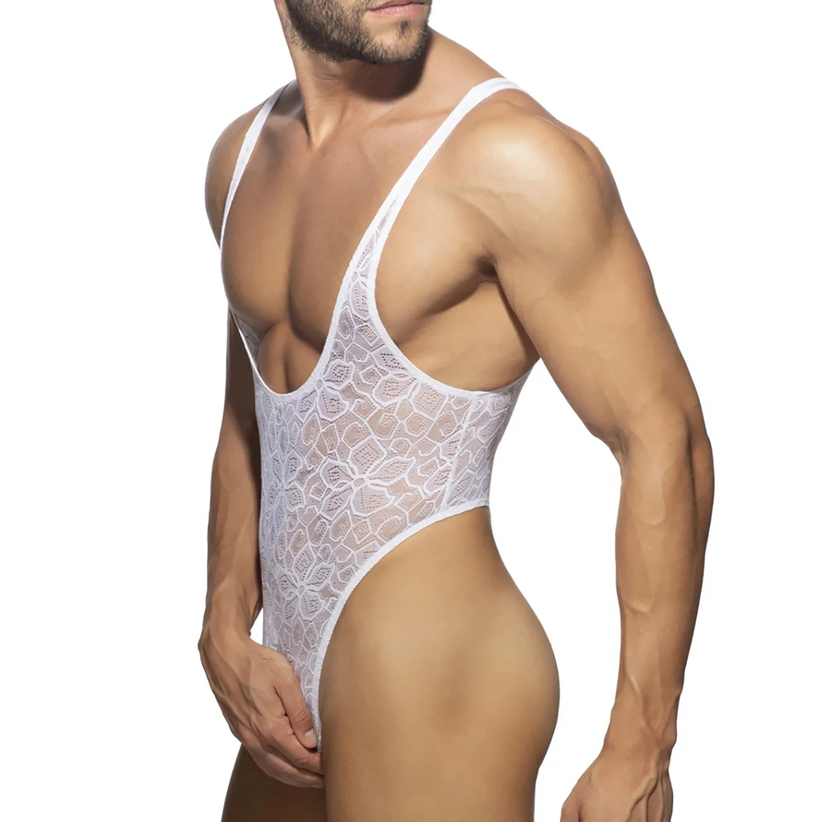 thumbnail image 1 of Body de una pieza con estampado de medias de mariquita para hombre, lencería sexy y sexy, con escote redondo profundo y músculos ajustados, 1 of 5