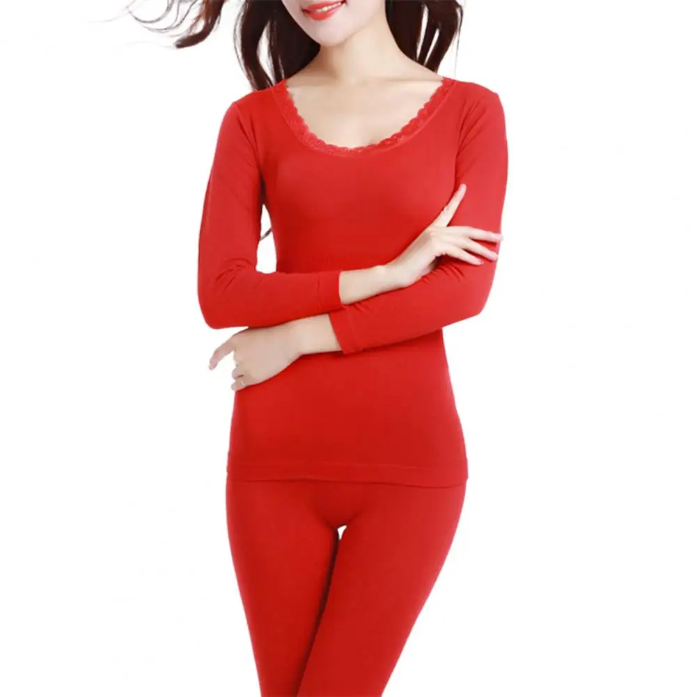 

1 Set Home Suit Women Long Johns Fashion Pattern Lace Long Sleeve O-Neck Winter Thermal Underwear Suit Pajama Set Women