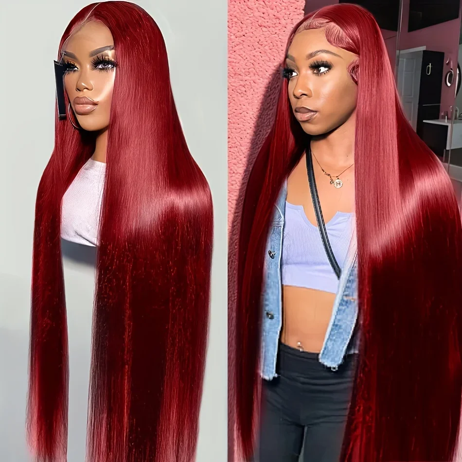 99J Colored Lace Front Human Hair Wigs Straight Burgundy 13x4 HD Transparent Full Lace Frontal Wig Red Glueless Wigs For Women 3