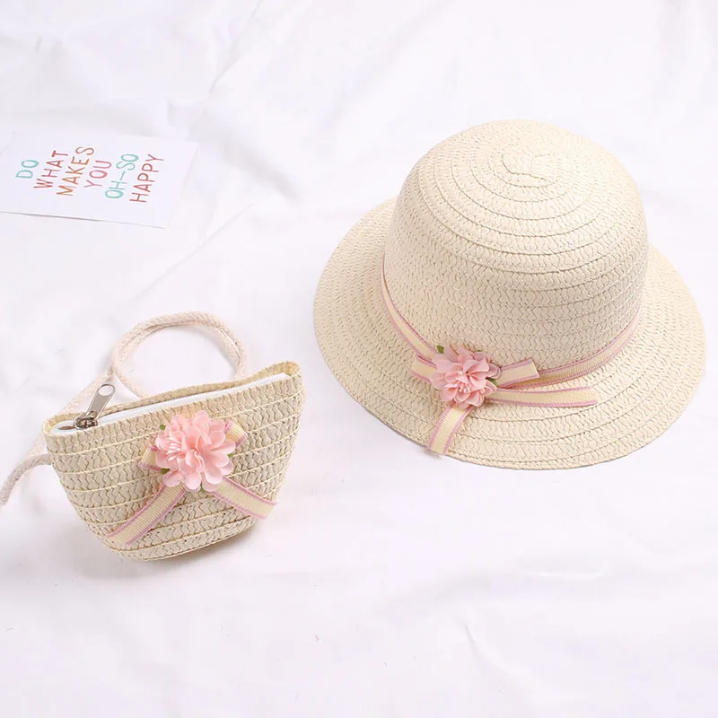Summer Baby Flower Breathable Hat Straw Hat with Handbag Bags Kids Boy Girls Sun Visor UV Protection Panama Gorras baby sun hat