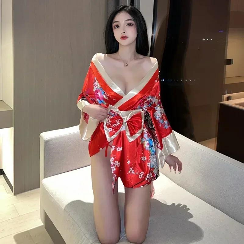 Sexy Lingerie Japanese Kimono Seductive Topless Print Women's Pajama Set Uniform Temptation Sleepwear Traditional Dress Robe Japanese Kimono Japanese Kimono Cardigan Japanese Kimono Shirt