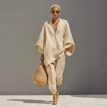 Casual V-neck Two Piece Set Women Outfits Summer 2026 Fashion Loose Long Sleeve Tops And Wide Leg Pants Sets Suits Elegant 1