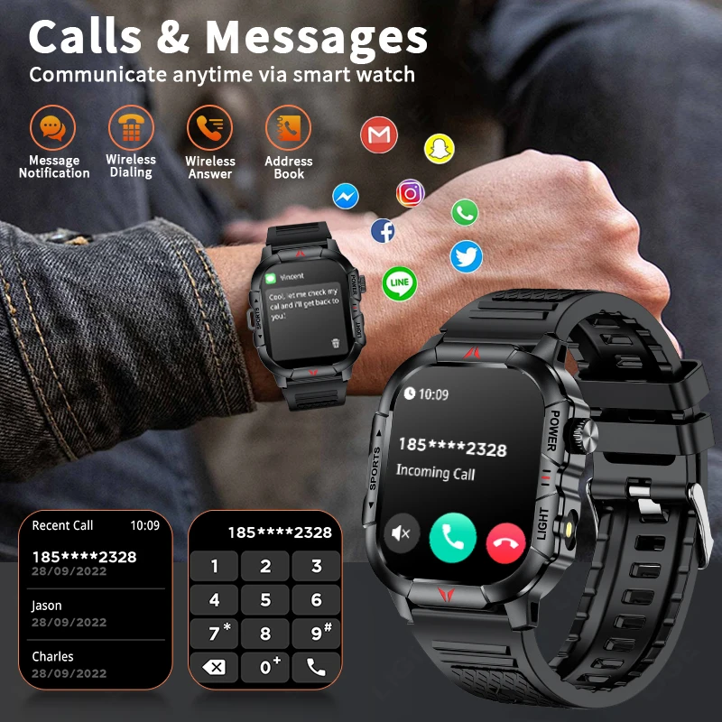 LIGE LED Flashlight Men Smart Watch Waterproof Watches 2.01-inch HD Screen Health Bracelet Military Outdoor Sport Smartwatch Man