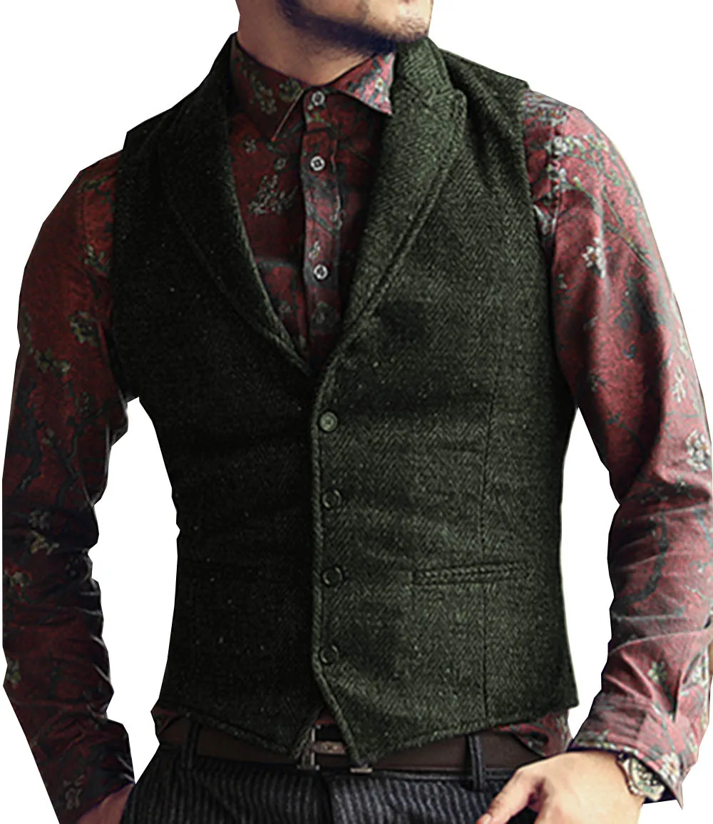 Grey Mens Suit Vest Lapel V Neck Wool Herringbone Casual Formal Business Vest Slim Fit Gilet Waistcoat Groomman For Wedding 5