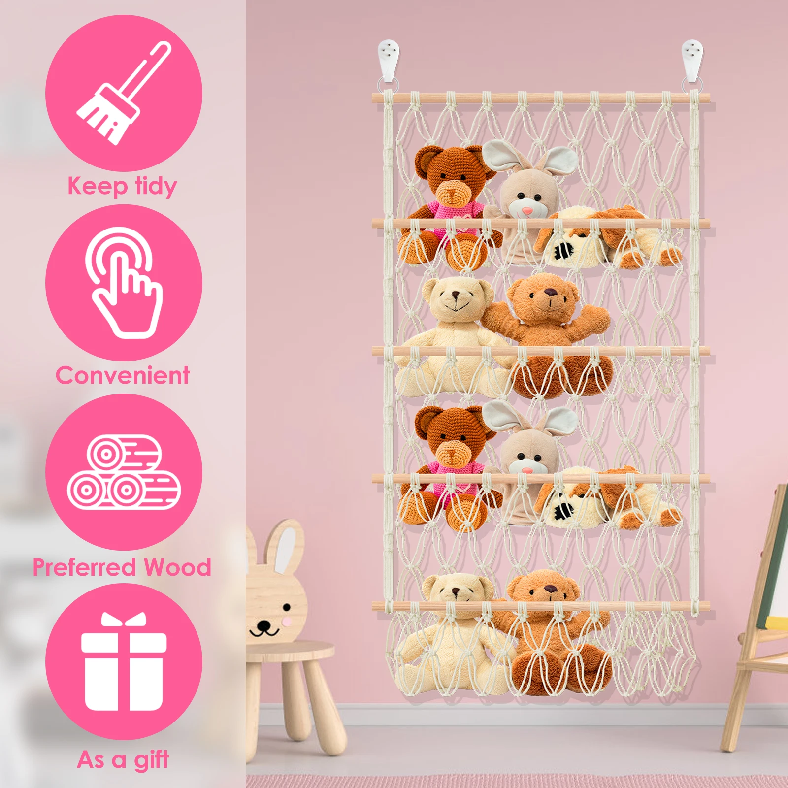 Storage Net Stuffed Toy Storage Hammock 4-Layer Large Capacity Hand-Woven Cotton Rope Hanging