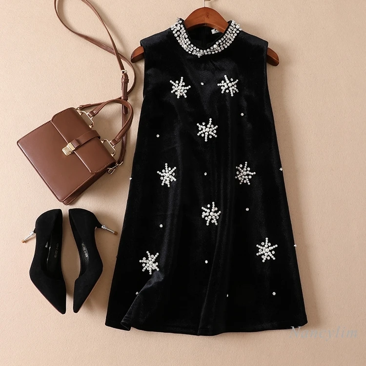 

2023 Autumn and Winter Velvet Dress Woman New Beads Diamond Studded A- Line Slimming Sleeveless Dress Vestidos De Mujer