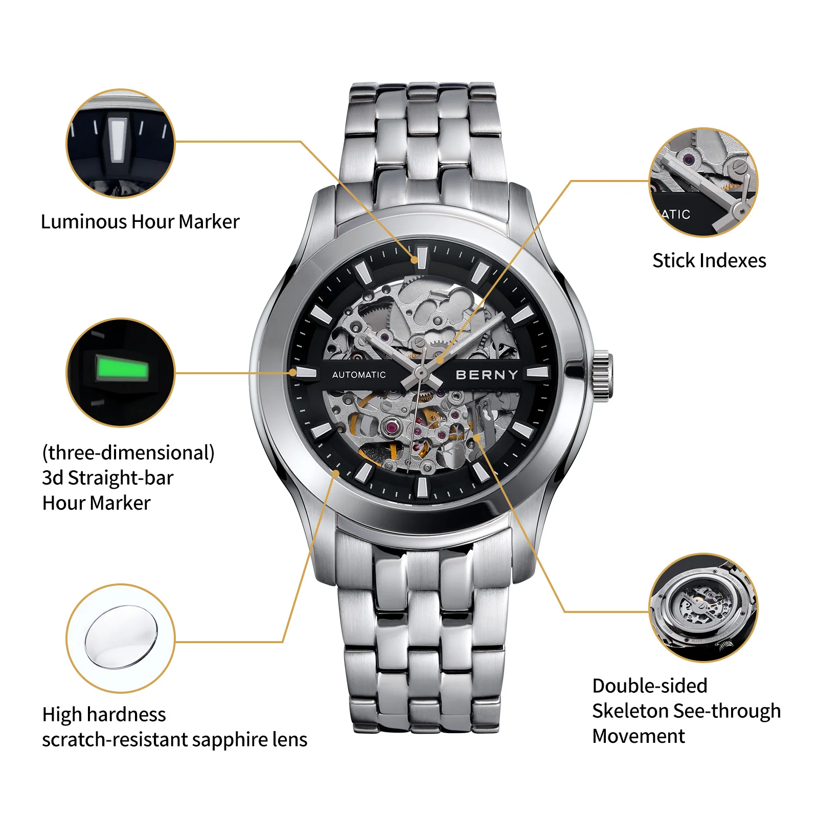 BERNY Skeleton Men's Mechanical Watch Luxury Miyota 8N24 Sapphire Exhibition Automatic Self Winding Wristwatch Waterpoof 5ATM
