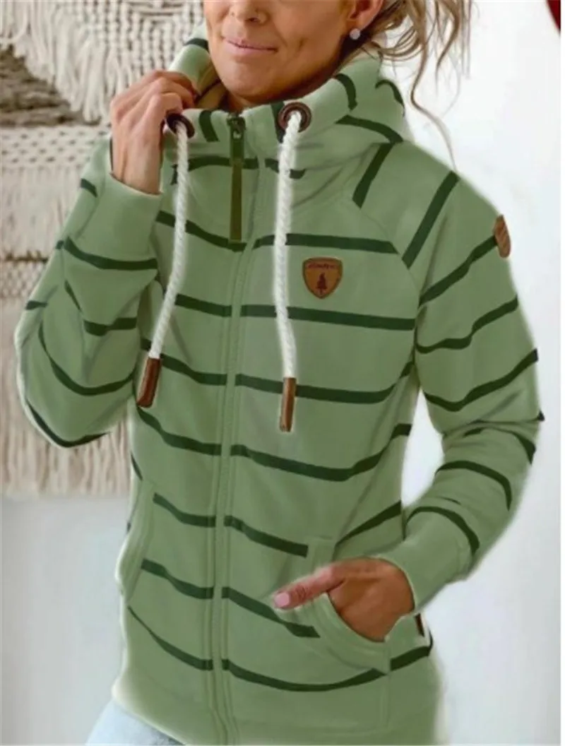 2023 Women Long Sleeve Hoodie Stripe Women Sweatshirt Clothes New Hoodies Pocket Zipper Hoodies Tops Female Spring Thick Outwear