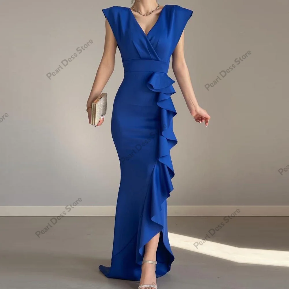 

V-Neck Ruffle Edge Cap Sleeve Women's Party Evening Dress and Floor Length Pleated Mermaid Satin Dress New 2023