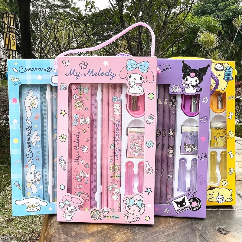 

Sanrio Stationery Set Pencil Eraser Ruler Kawaii My Melody Kuromi Cinnamoroll Painting Primary School Supplies Student Kid Gifts