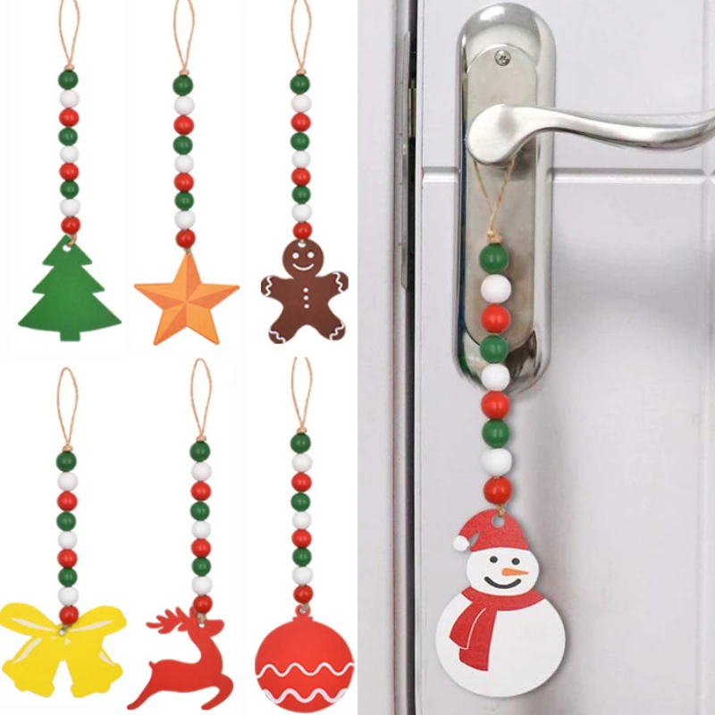 

Christmas Color Wooden Beads Snowman Deer Bell Snowflake Pendants for Christmas Home Door Decoration Noel DIY Hanging Ornaments