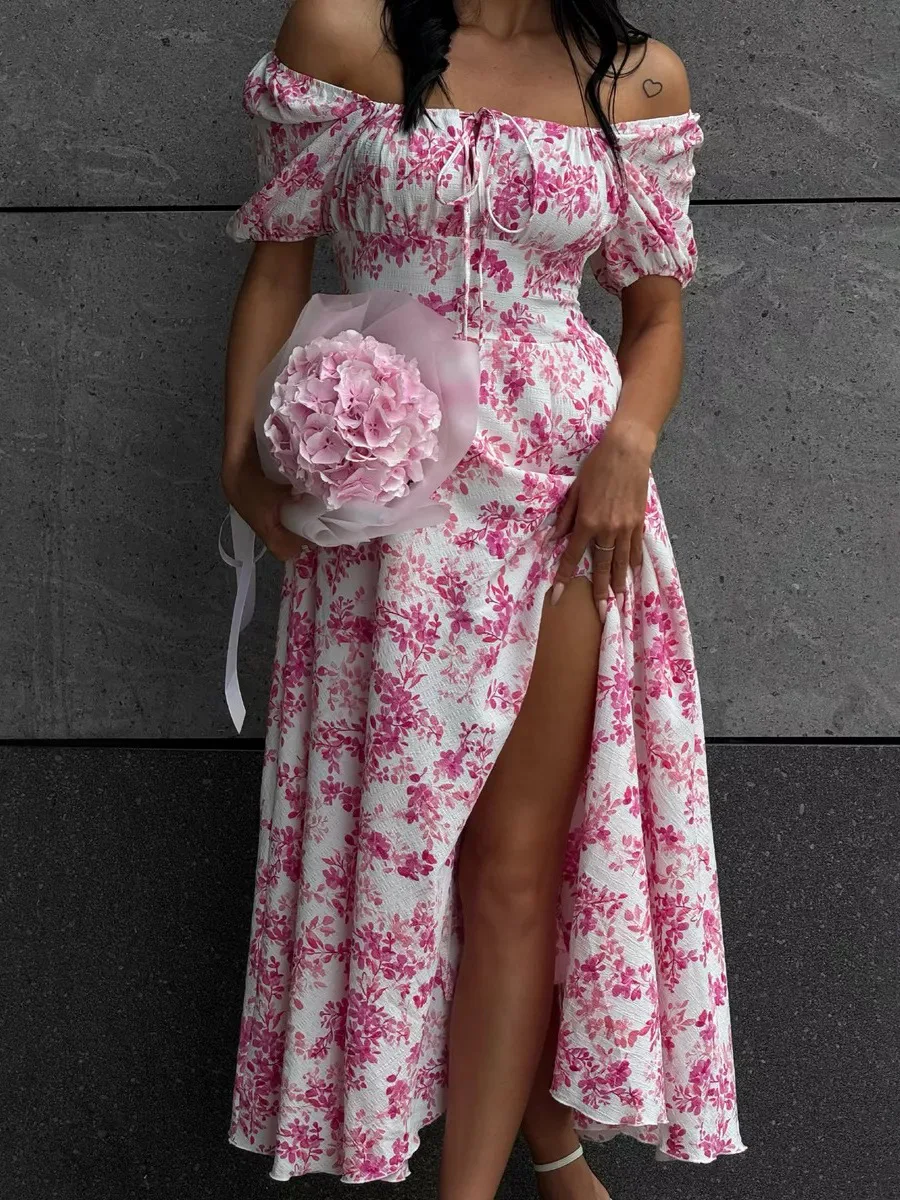 Bornladies 2026 Summer New Women's Off-Shoulder Floral Dress Short Sleeve Lace-Up Smocked Printed Split Maxi Dress
