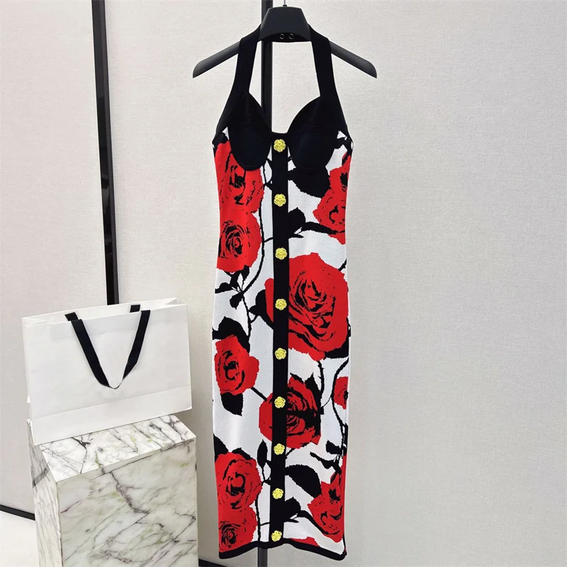 신축성 있는 니트 민소매 롱 드레스, 섹시한 백리스 파티 원피스, 로즈 프린트 힙 랩 스커트, 우아하고 아름다운 2024 여름