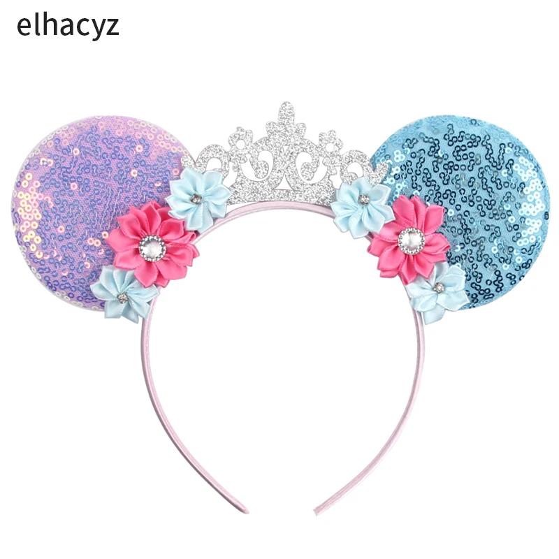 Girls Flowers Glitter Crown Mouse Ears Headband Pretty Wreath Hairband For Women Cosplay Birthday Gift Party Hair Accessories