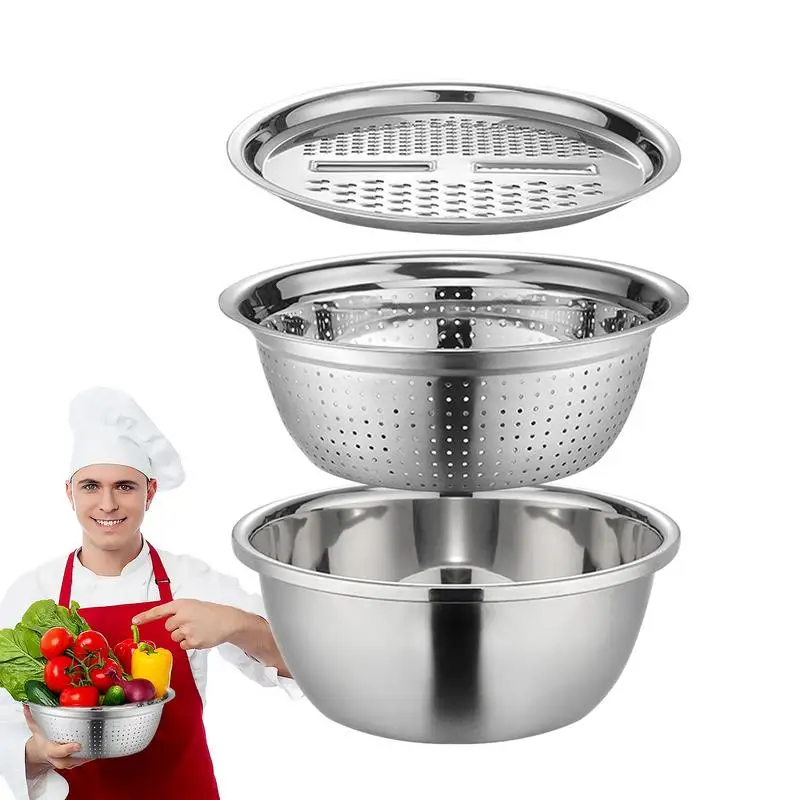 

3 In 1 Multifunctional Stainless Steel Basin Multipurpose Drain Basket German Colanders Basin Mixing Bowl Set salad maker bowl