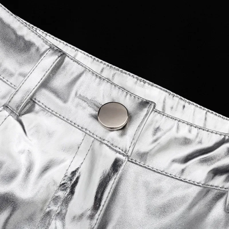 Pantalones de PU plateados para mujer, moda 2025, cintura alta, sueltos, pierna ancha, ropa de fiesta para chicas, ropa de calle, pantalones largos para mujer, otoño