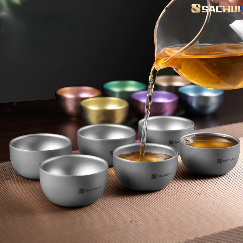Pure Titanium Double-layer Small Tea Cup Coffee for Outdoor Travel Camping coffee and Tea Tableware Brewing Cup 50ML Teapot tea cup