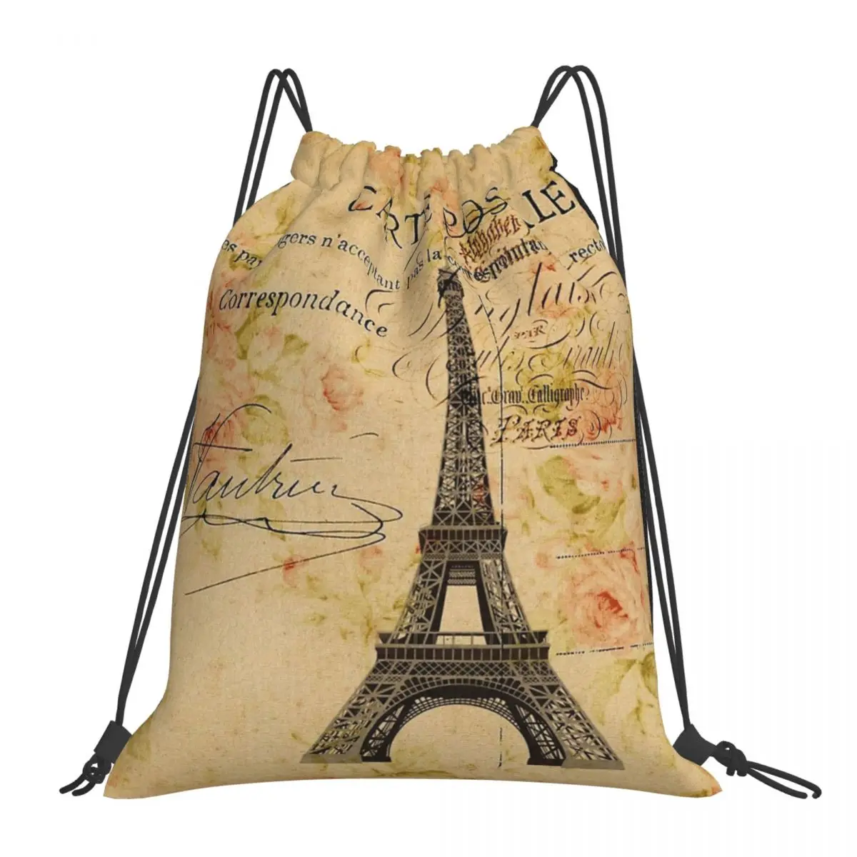 

Spring Garden Vintage Floral Paris Eiffel Tower Backpack Portable Drawstring Bags Drawstring Bundle Pocket Shoes Bag Book Bag