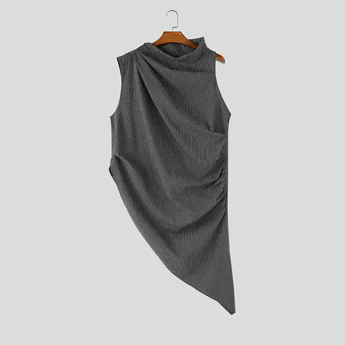 INCERUN Men's Irregular Tank Tops Striped Turtleneck Sleeveless Pleated Male Vests Streetwear Tops For Man Fashion Men Clothes - Image 7